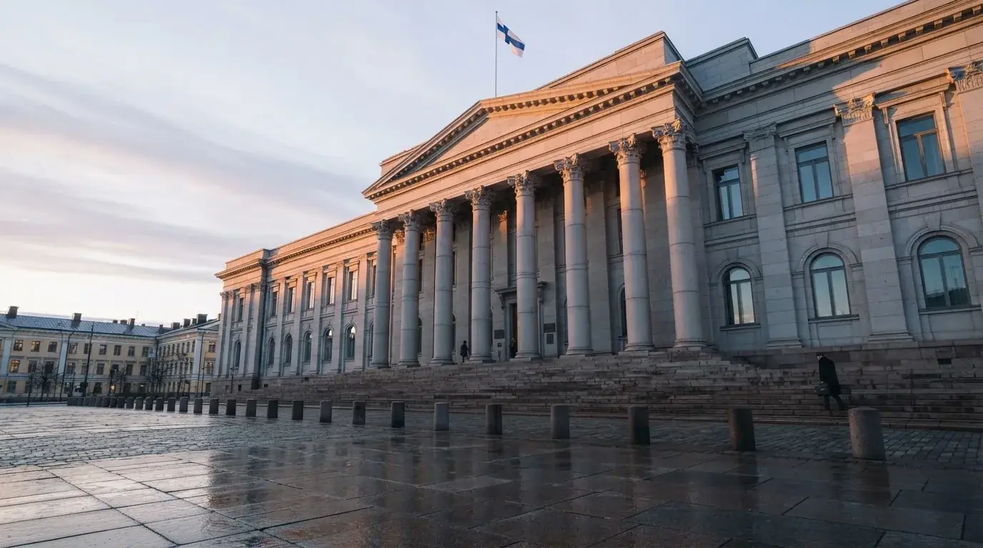 Kivinen valtionhallinnon julkisivu Helsingissä aamunkoitteessa, korkeat pylväät ja tyhjä aukio edessä — kaikki suomalaiset nettikasinot