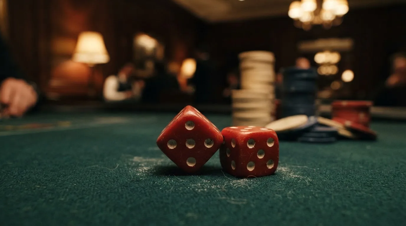 Punaiset nopat lepäävät vihreällä huovalla, taustalla sumeita pelimerkkitorneja iltahämärässä — kolikkopelit casino pelit