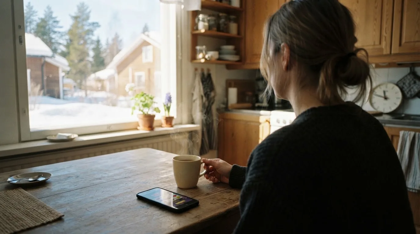 Henkilö istuu keittiön pöydän ääressä teekupin kanssa katsoen ulos ikkunasta rauhallisesti.