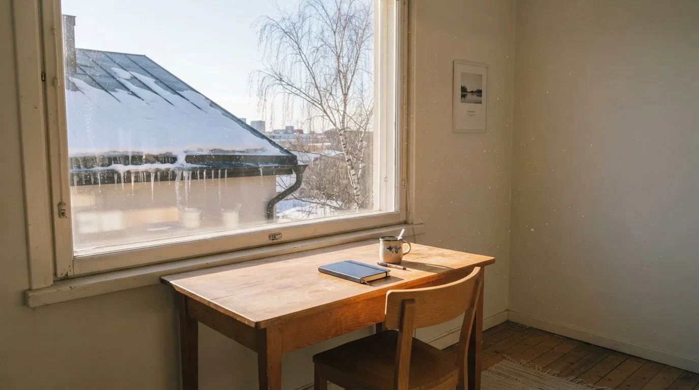 Toimistohuoneen ikkunasta näkyy maaliskuun aamu, lumi sulaa katolla auringonpaisteessa hiljaisella aamulla.