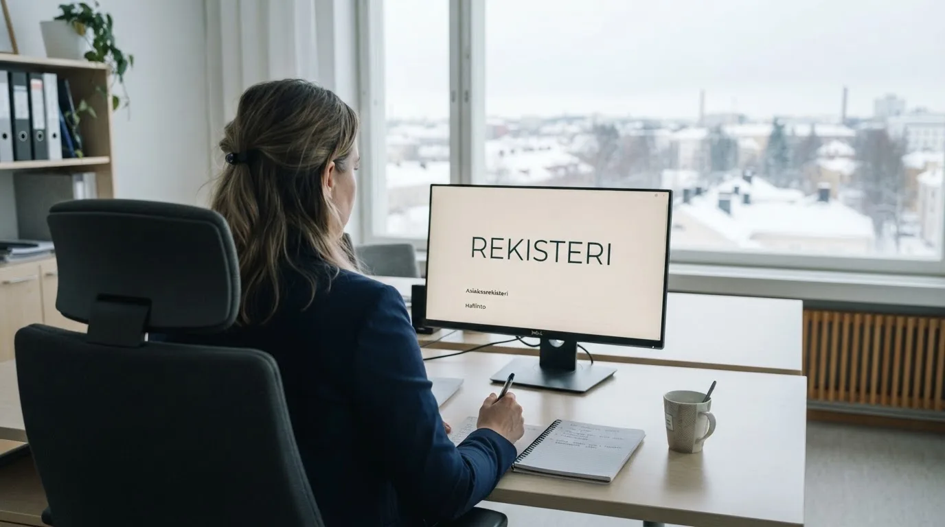 Virkailija istuu vaaleassa virastohuoneessa tietokoneen ääressä, ikkunasta näkyy talvinen kaupunkimaisema.