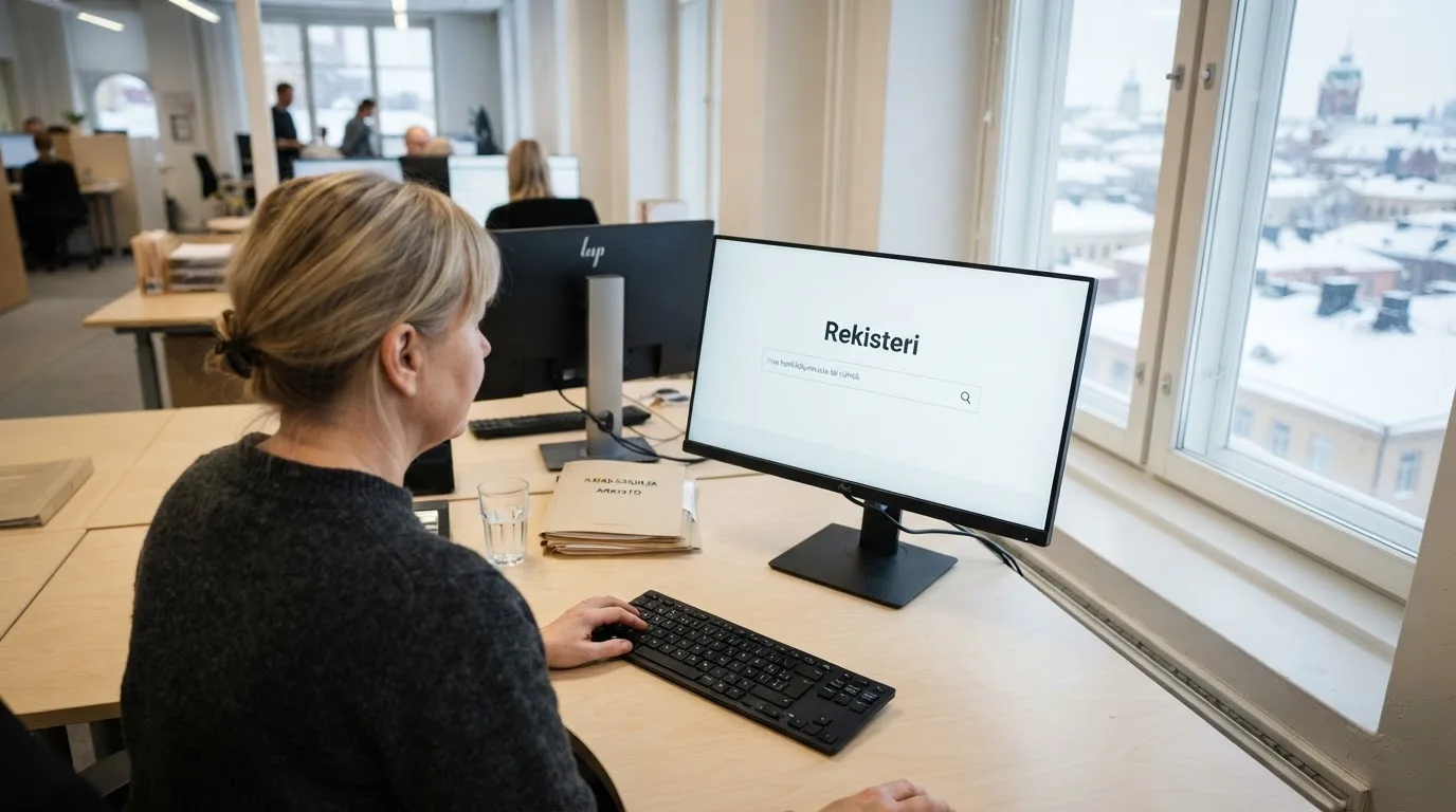 Virkailija istuu vaaleassa virastohuoneessa tietokoneen ääressä, ikkunasta näkyy talvinen kaupunkimaisema.